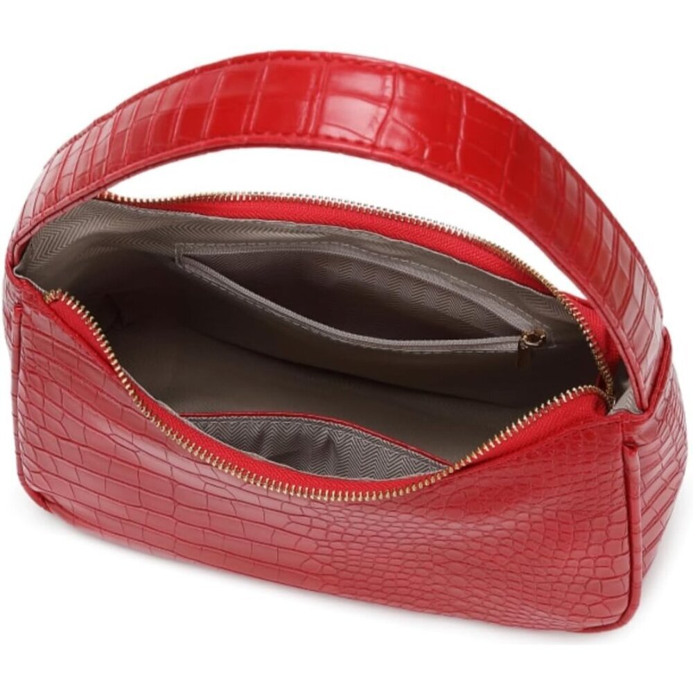 Women Crocodile Red Imported Polyester Leather Zipper Closure Mini Tote Handbag - Picture 5 of 6